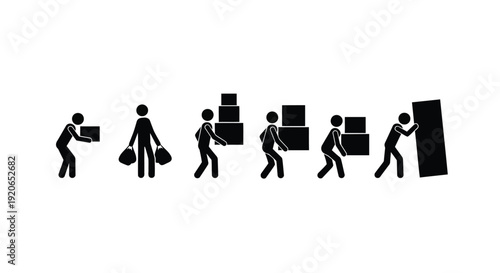 Vector graphic illustration of stick figures representing various actions of carrying and moving items