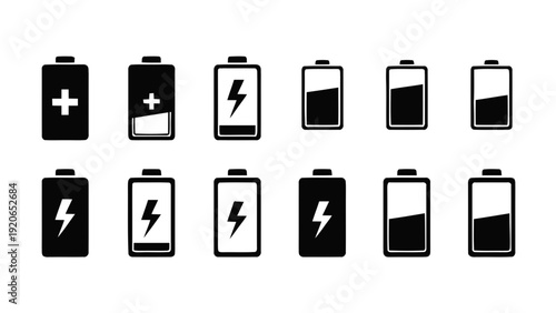 Vector illustration of collection of battery icons in various charge states on on a transparent background