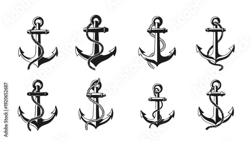 Vector illustration of set of eight vintage nautical anchors with ropes in black and white style on a transparent background