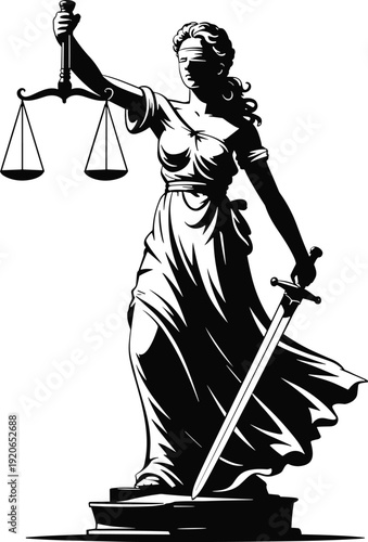 Lady Justice statue illustration holding scales and sword isolated on white background, law symbol, legal justice concept artwork vector design