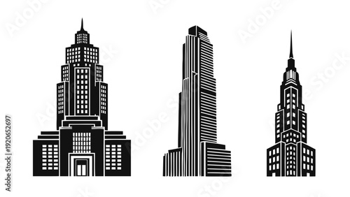Vector illustration of black and white illustration of three skyscrapers on on a transparent background
