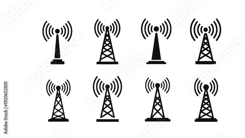 Vector illustration of set of 8 black and white icons for communication and broadcast towers on a transparent background