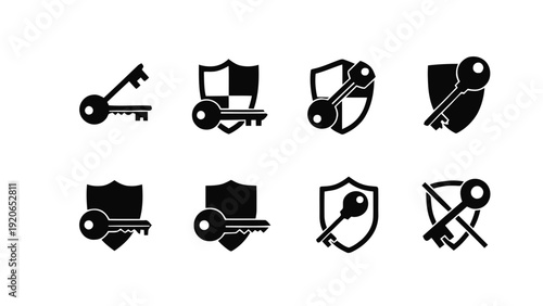 Vector illustration of collection of black shield and key icons on on a transparent background
