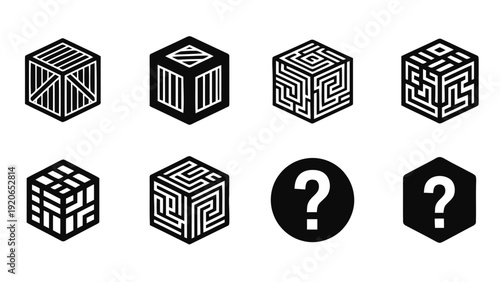 Vector illustration of set of black and white cube icons crates, mazes, and question marks on a transparent background