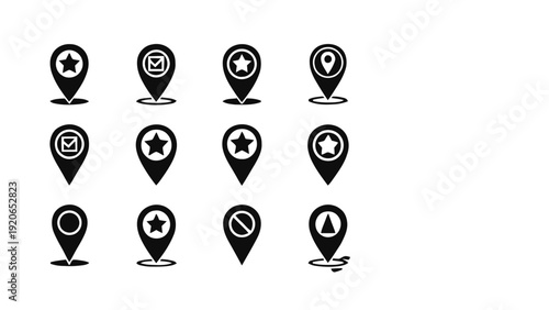 Vector illustration of set of 12 black location pin icons with different symbols inside on a transparent background