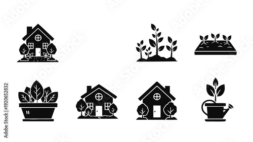 Vector illustration of set of house and gardening icons home, plants, seedlings, and watering can on a transparent background