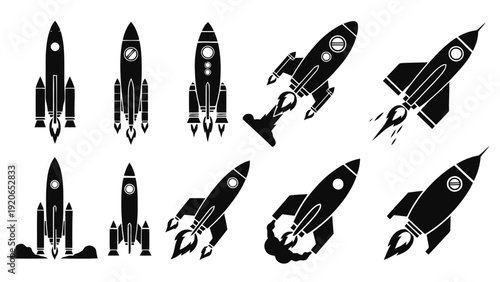 Vector illustration of set of black rocket ship icons and silhouettes for space travel and launch on a transparent background