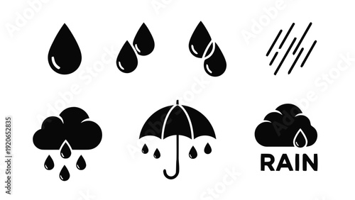 Vector illustration of set of rain and weather icons water drops, clouds, umbrella, and rain symbol on a transparent background