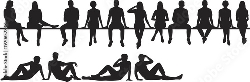 Silhouette people sitting on beam, group interaction, relaxed posture, teamwork concept, human connection, lifestyle illustration, social gathering