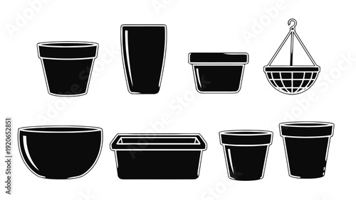 Vector illustration of collection of black silhouette icons for various types of flower pots and planters on a transparent background