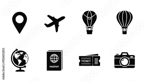 Vector illustration of travel and tourism icons set map pin, airplane, hot air balloons, globe, passport, ticket, camera on a transparent background