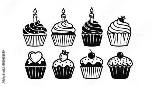 Vector illustration of set of eight black and white cupcake icons with candles and toppings on a transparent background