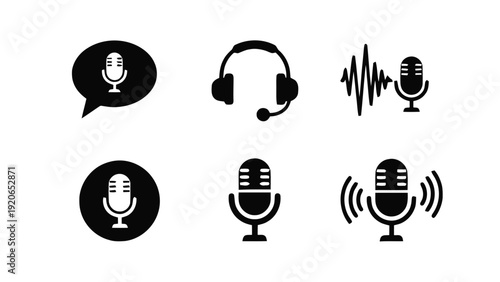 Vector illustration of set of black microphone icons and headset for podcast, recording, and audio communication on a transparent background