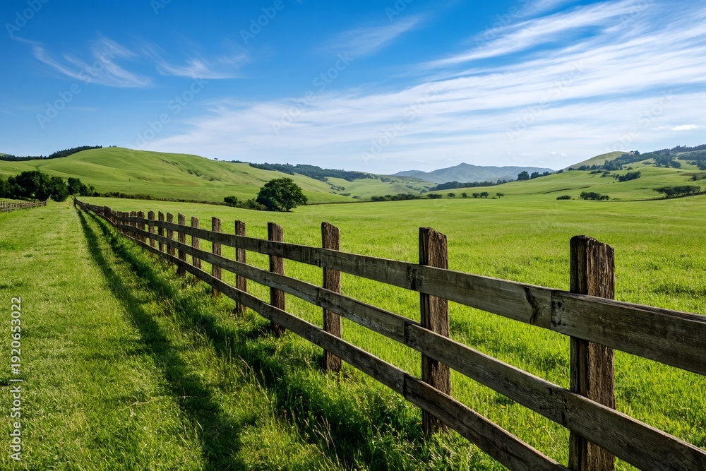 Fototapeta premium Wooden fence dividing green rolling hills pastureland