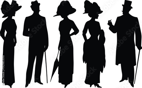 Victorian era elegant men and women silhouettes in vintage fashion attire isolated on white background, classic historical illustration set