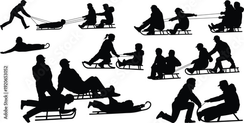 Winter sledding silhouettes collection featuring children and adults riding sleds isolated on white background, seasonal outdoor activity illustration set
