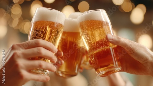 Hands clinking pints and glasses in an Irish pub with warm lighting and a soft background