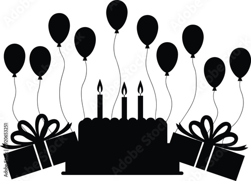 Birthday celebration silhouette with cake candles balloons and gift boxes, festive party illustration, anniversary event concept on white background vector