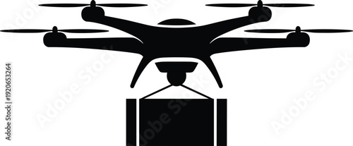 Delivery drone silhouette carrying package, aerial logistics technology concept, autonomous quadcopter transport service illustration on white background vector design icon