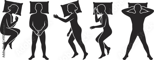 Sleeping positions silhouettes, people resting on pillows, various sleep postures, health lifestyle concept, relaxation, comfort, insomnia, bedtime illustration, slumber, rest