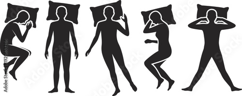 Sleeping positions silhouettes, people resting on pillows, various sleep postures, health lifestyle concept, relaxation, comfort, insomnia, bedtime illustration, slumber