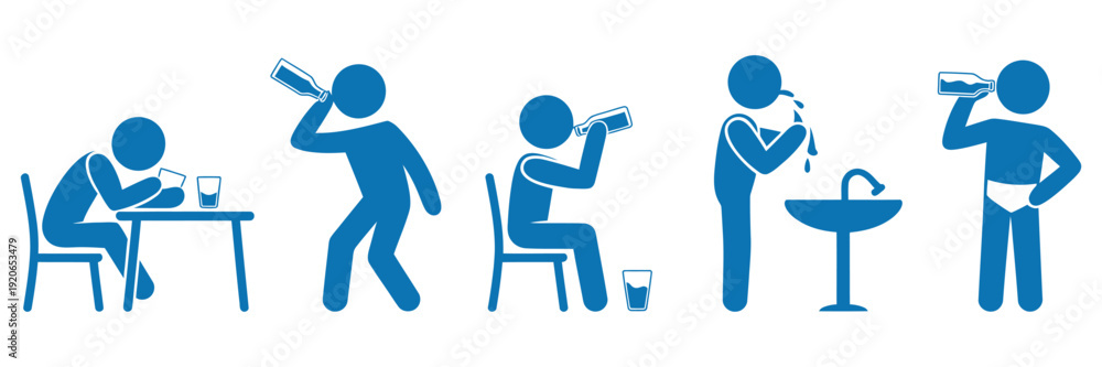Fototapeta premium Five diverse pictograms of people drinking water from bottles and a fountain, representing hydration and refreshment, healthy lifestyle concept
