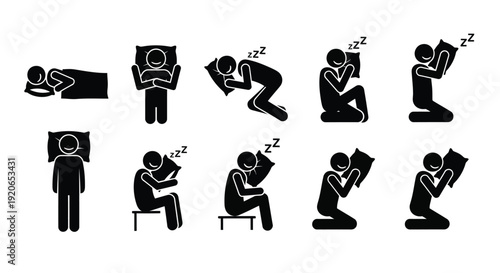 Collection of black silhouette stick figures depicting various sleeping positions and cuddling pillows illustration icons