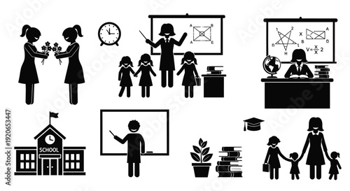 Diverse stick figure illustration set showcasing teachers, students, and essential school education elements.