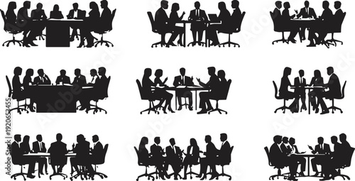 Business meeting silhouettes, diverse corporate teams discussing strategy around conference tables, teamwork collaboration concept, professional office illustration on white background