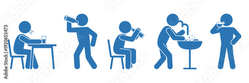 Five diverse pictograms of people drinking water from bottles and a fountain, representing hydration and refreshment