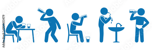Five diverse pictograms of people drinking water from bottles and a fountain, representing hydration and refreshment, healthy lifestyle concept