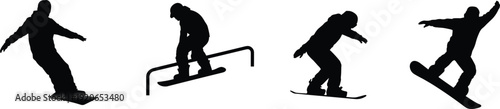 Snowboarder silhouette action poses, winter extreme sport tricks, snowboarding jump rail ride, black human figure, isolated illustration