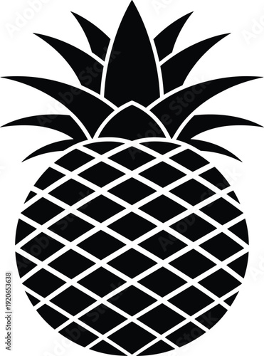 Pineapple silhouette icon illustration, tropical fruit symbol, black and white minimal design, summer food concept, modern graphic vector