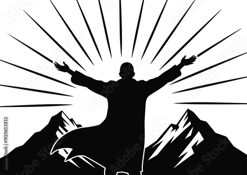 Triumphant human silhouette on mountain peak, arms raised victory pose, success freedom concept, inspirational leadership strength, black white vector illustration