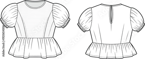 Front and back view of women peplum blouse with puff sleeves, fashion technical drawing, flat sketch, apparel design template isolated on white background