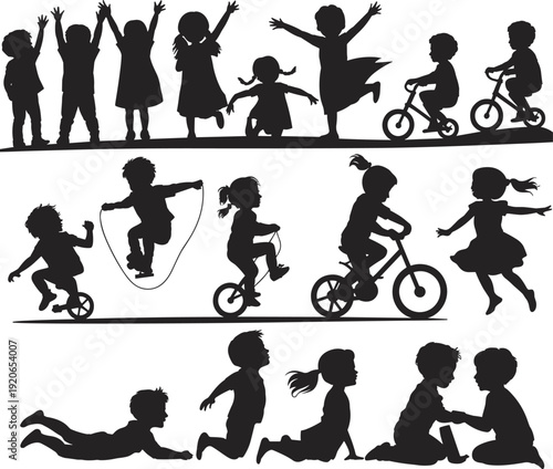 Children silhouettes playing jumping cycling running illustration, happy childhood activities collection, playful kids movement concept, black and white vector artwork