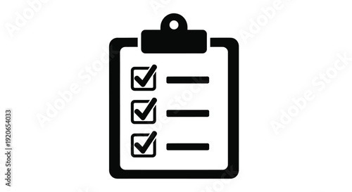 Simple black and white vector illustration representing a completed checklist or task management on a clipboard