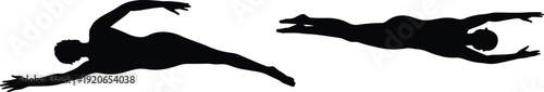 Swimming silhouette illustration, athletes in motion freestyle butterfly stroke, water sport activity, competitive swimming posture movement concept design