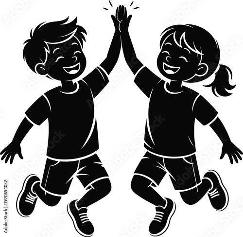 Happy children high five silhouette illustration, joyful kids jumping together, friendship teamwork celebration concept, playful childhood moment graphic design