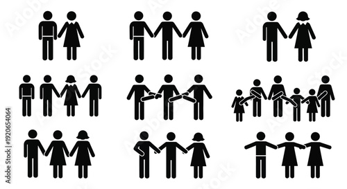 Diverse vector graphic illustration showcasing various stick figure groups representing family, community, and social connections.