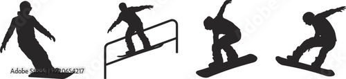 Snowboarder silhouette trick sequence, winter sports freestyle action poses, dynamic snowboarding 