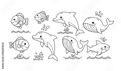 Cute jumping sea animals clipart coloring vector set