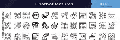 chatbot features and customer support icon set, virtual assistant vector