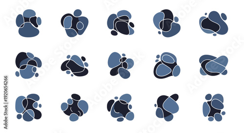 Abstract organic shapes collection, modern fluid design elements in blue tones
