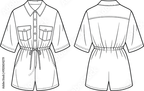 Women utility romper front and back view technical fashion drawing, short sleeve belted playsuit flat sketch, apparel design template isolated on white background