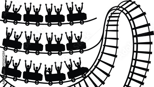 Roller coaster silhouette with people raising hands, amusement park thrill ride illustration, fun entertainment concept, carnival adventure graphic design