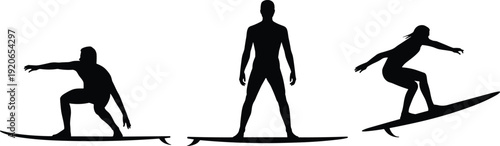 Surfer silhouettes riding waves, dynamic surfing poses on boards, extreme water sport action, freedom adventure lifestyle illustration concept