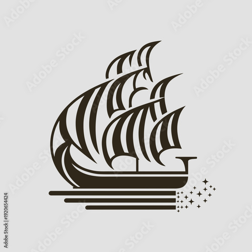 Elegant black and white illustration of a classic sailing ship with waves beneath isolated on white background, Vector, illustration
