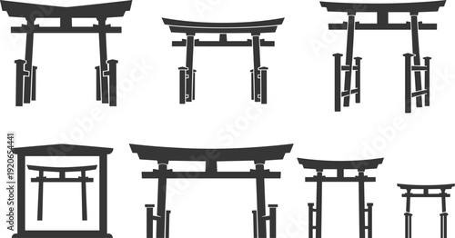 Torii gate silhouettes, Japanese shrine entrance, Shinto architecture vector, cultural heritage illustration, traditional design variations, spiritual symbolism, iconic landmark art