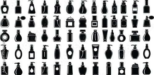 Cosmetic bottle and perfume container icon set, beauty packaging silhouettes collection, black flat vector illustration design